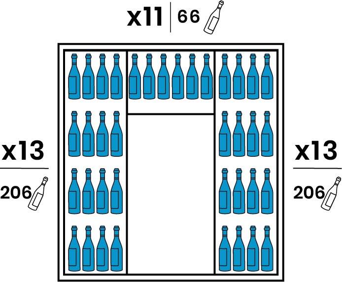 Both lateral sides are equipped with 13 large transparent Plexiglas shelves. The Backside is equipped with 11 smaller transparent Plexiglas shelves. Capacity of 478 bottles